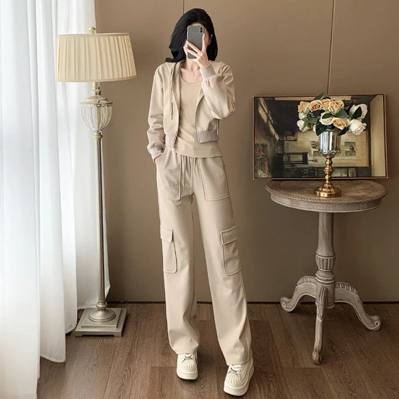 女秋韩版休闲工装阔腿裤套装时尚圆领修身T恤开衫连帽卫衣三件套