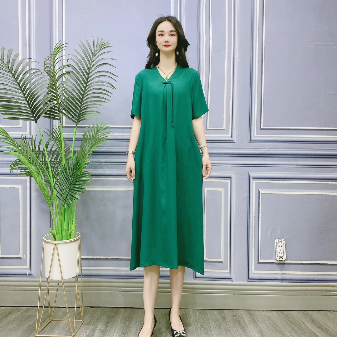 夏季新款v领纯色大码气质时尚显瘦休闲宽松连衣裙*663