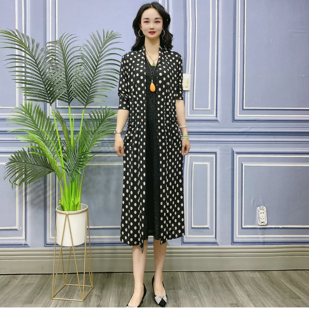 夏季中长款波点口袋妈妈装外披显瘦气质时尚573
