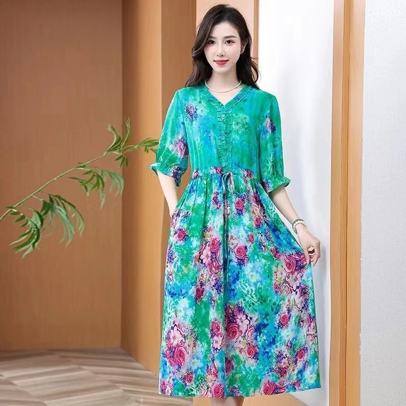 2025春夏新款印花连衣裙显瘦抽绳收腰中长款中袖气质妈妈装*668-2