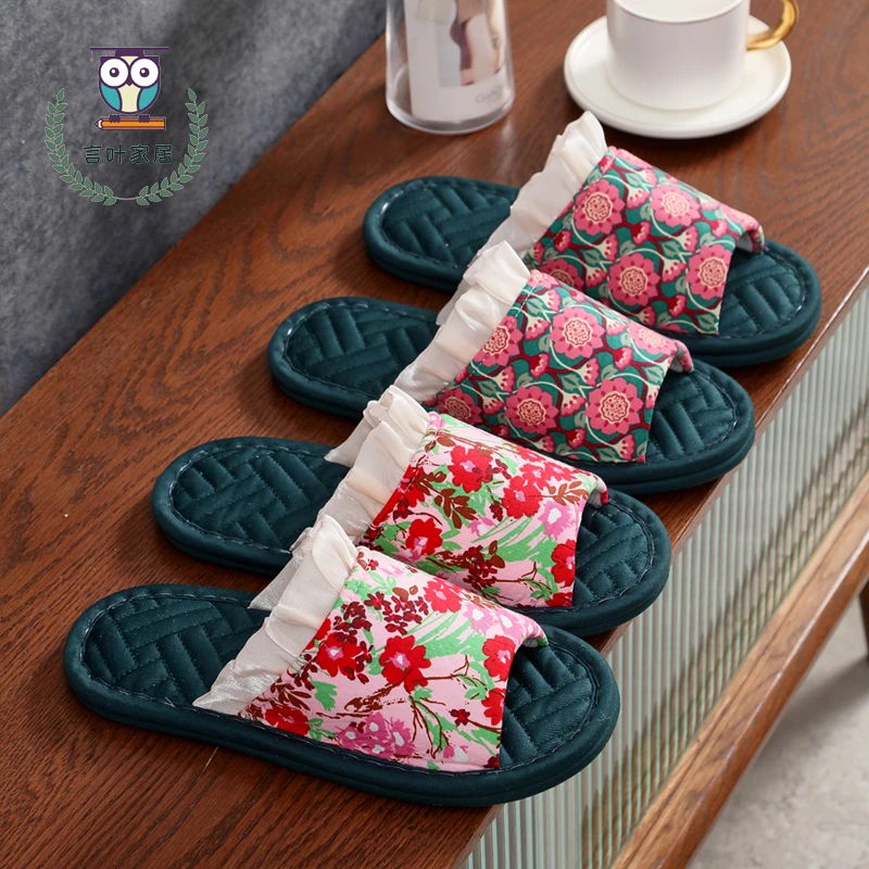 新款韩式纯棉布艺民族风居家拖鞋女夏静音防滑软底地板拖可机洗