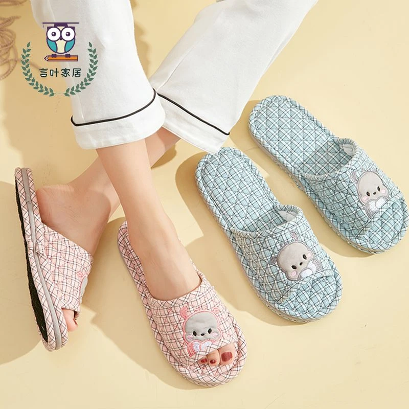 新款纯棉加厚布底情侣拖鞋卡通超萌春秋室内居家防滑静音木地板拖