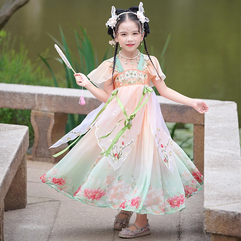女童汉服夏季中国风薄款连衣裙儿童古风超仙襦裙短袖飘逸日常唐装