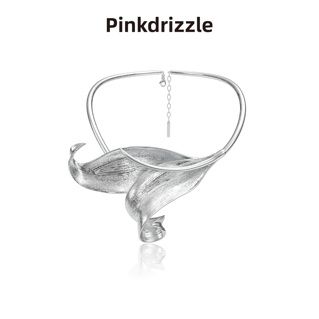 Pinkdrizzle 铜合金项链 游园绮梦叶痕雕刻纹理项圈银色素款