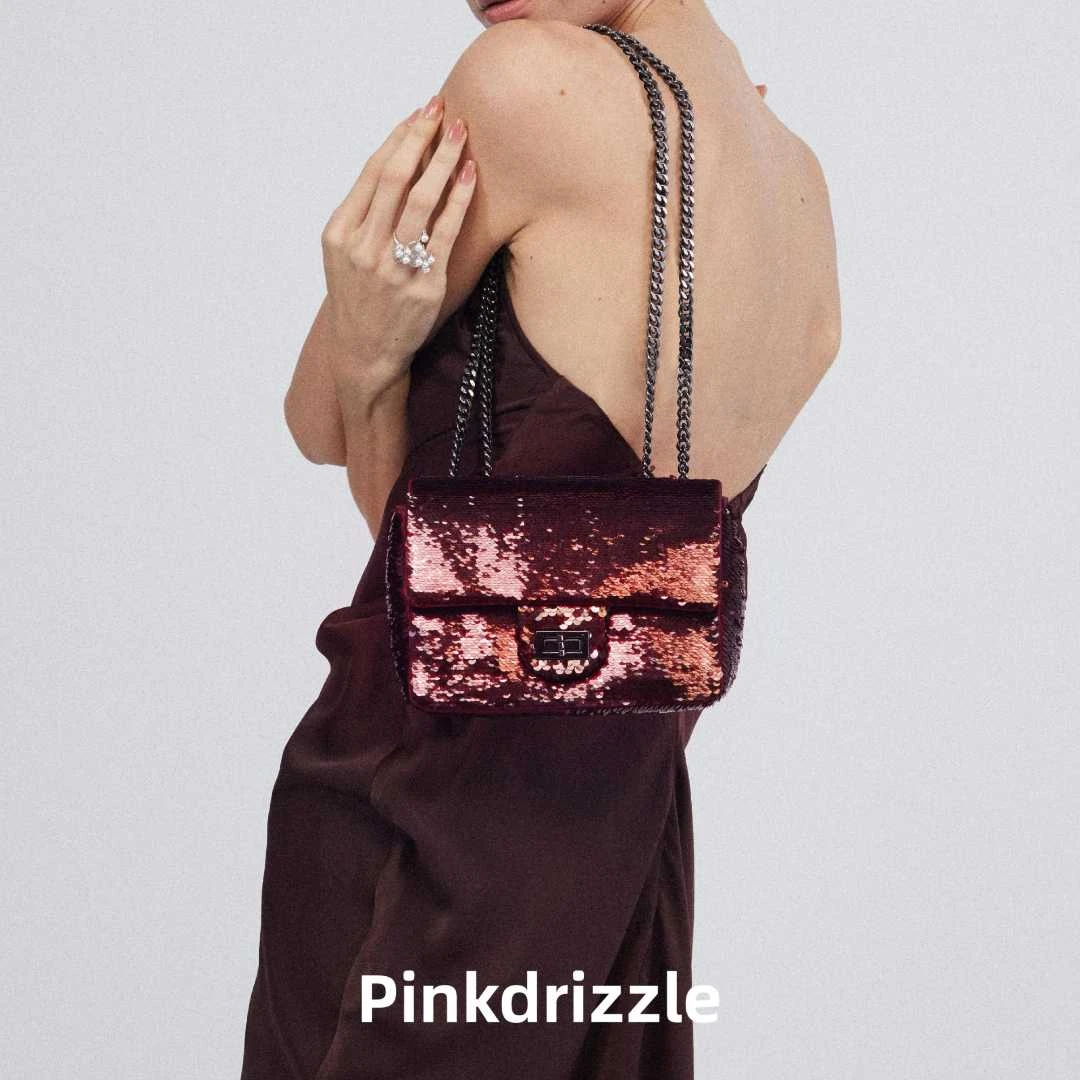 Pinkdrizzle烟火绯红手工亮片复古轻奢安可拉红单肩小方包小众