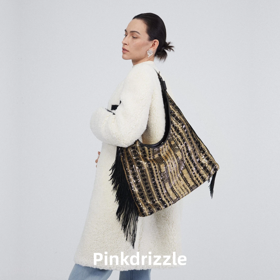 Pinkdrizzle流金岁月黑金流苏钉珠包小众设计师休闲单肩包