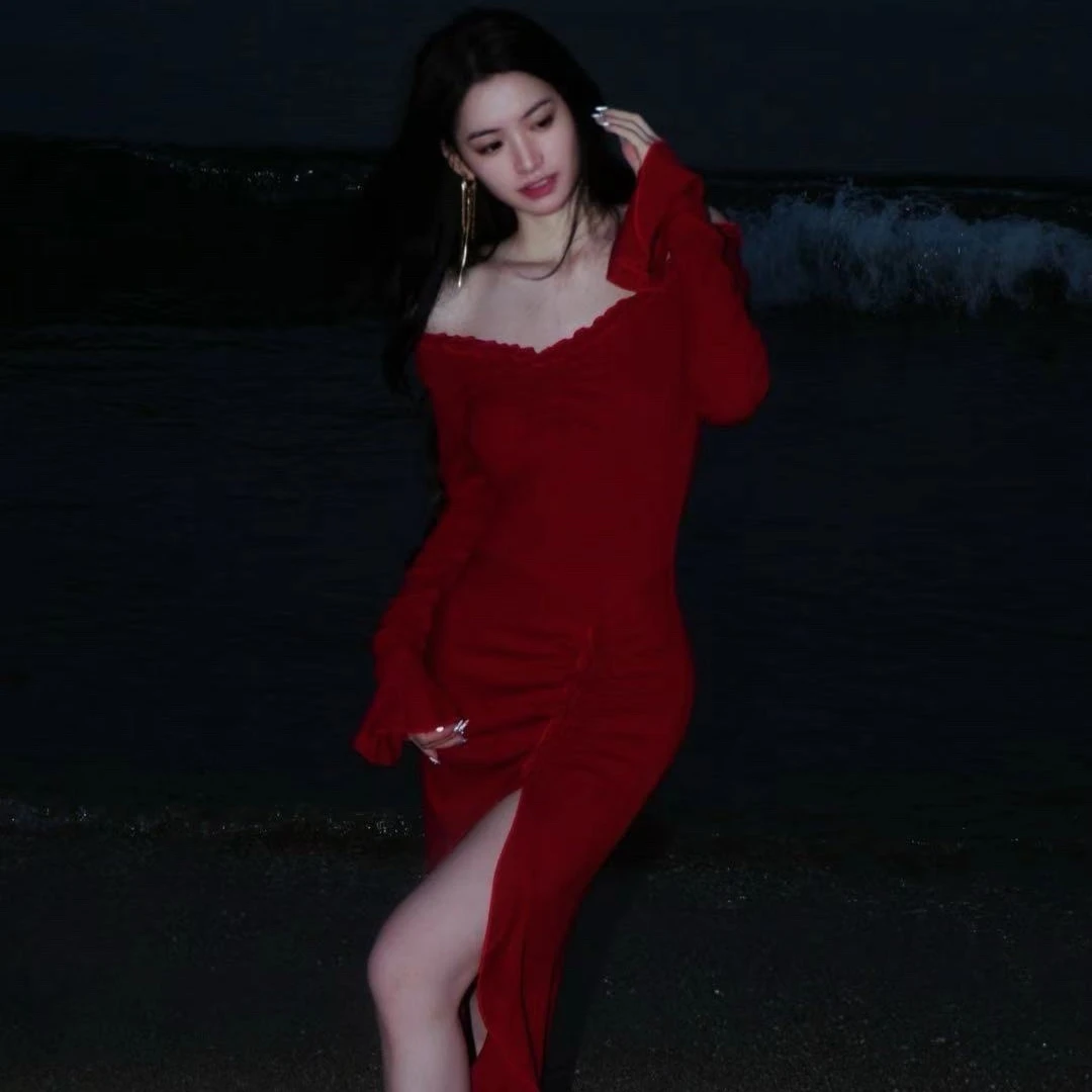 藏白【朱砂】红色 小众不规则荷叶边流苏连衣裙设计感-SXRSX403763