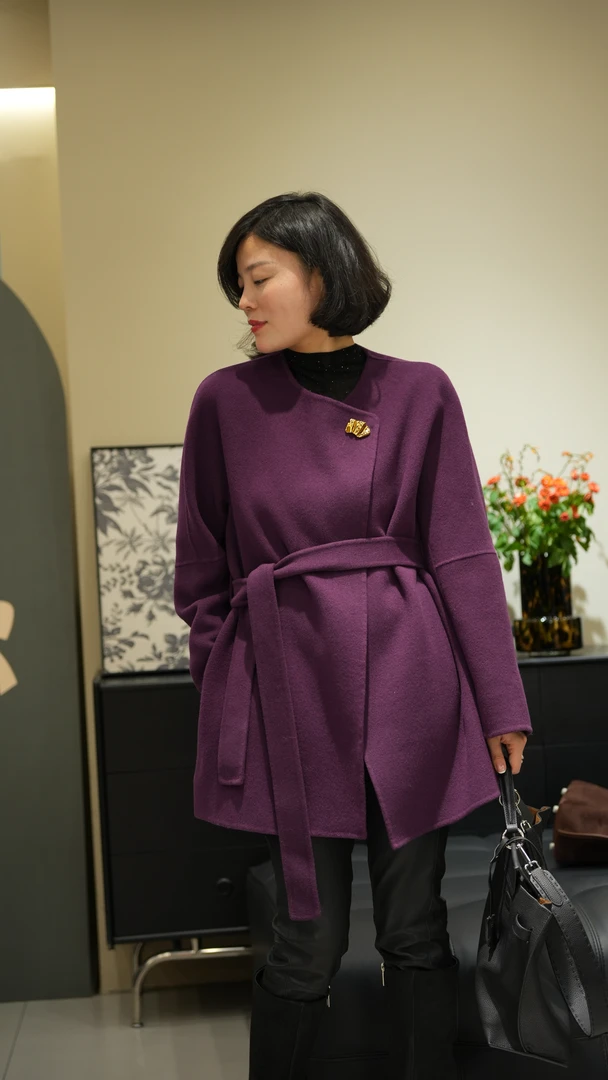 【TANTAN】时尚女士宽松紫色秋冬中长款大衣2028