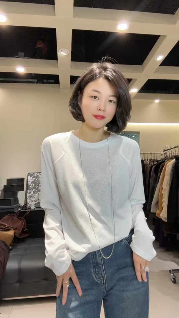 【TANTAN】显瘦气质长袖白色时尚设计师圆领T恤2285