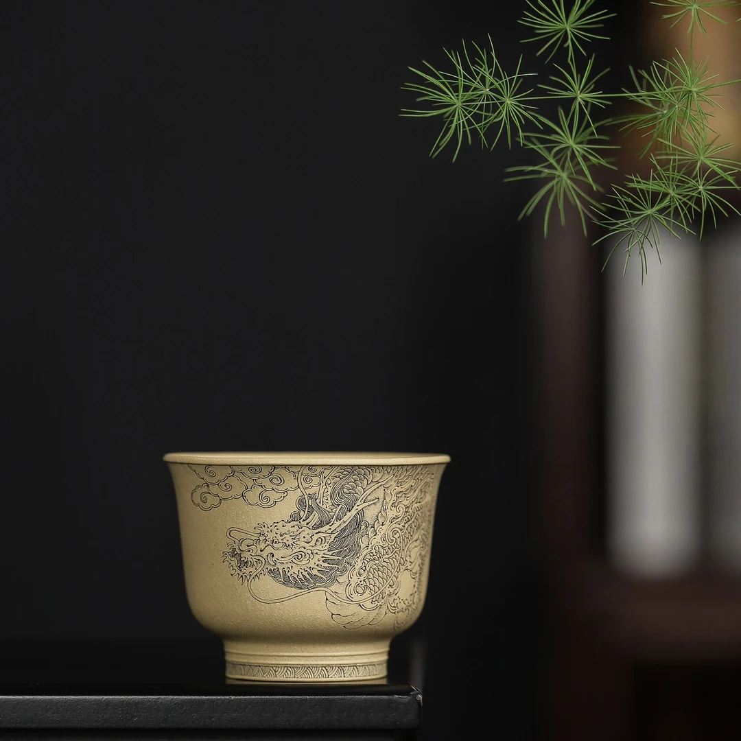 微月紫砂 纯手工紫砂主人杯大容量龙纹龙纹刻绘祥龙杯 精品铃铛杯