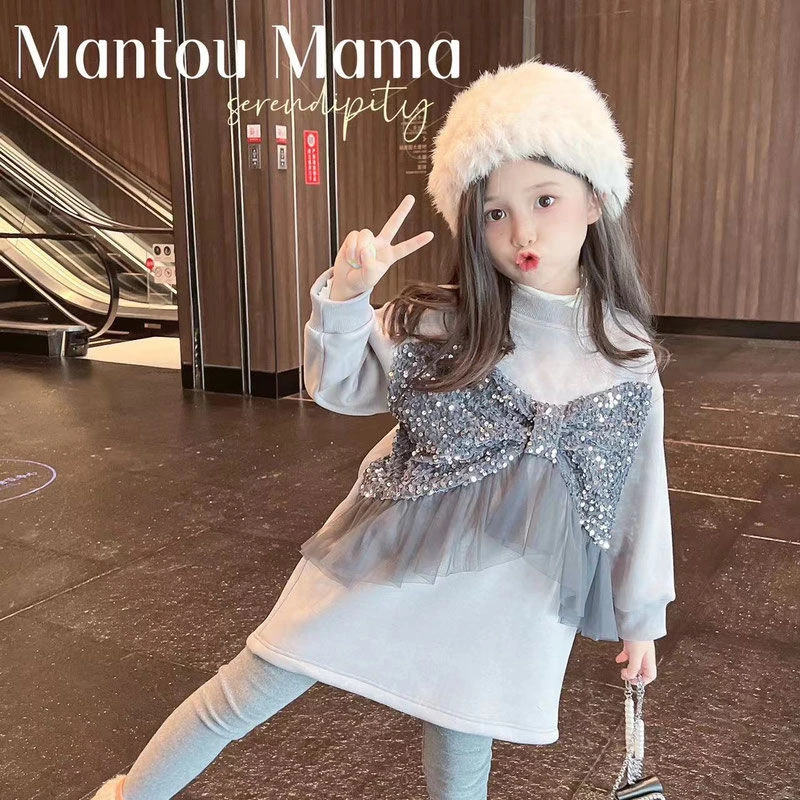 2023新款儿童秋冬季小香风淑女亮片蝴蝶结加绒百搭卫衣连衣裙