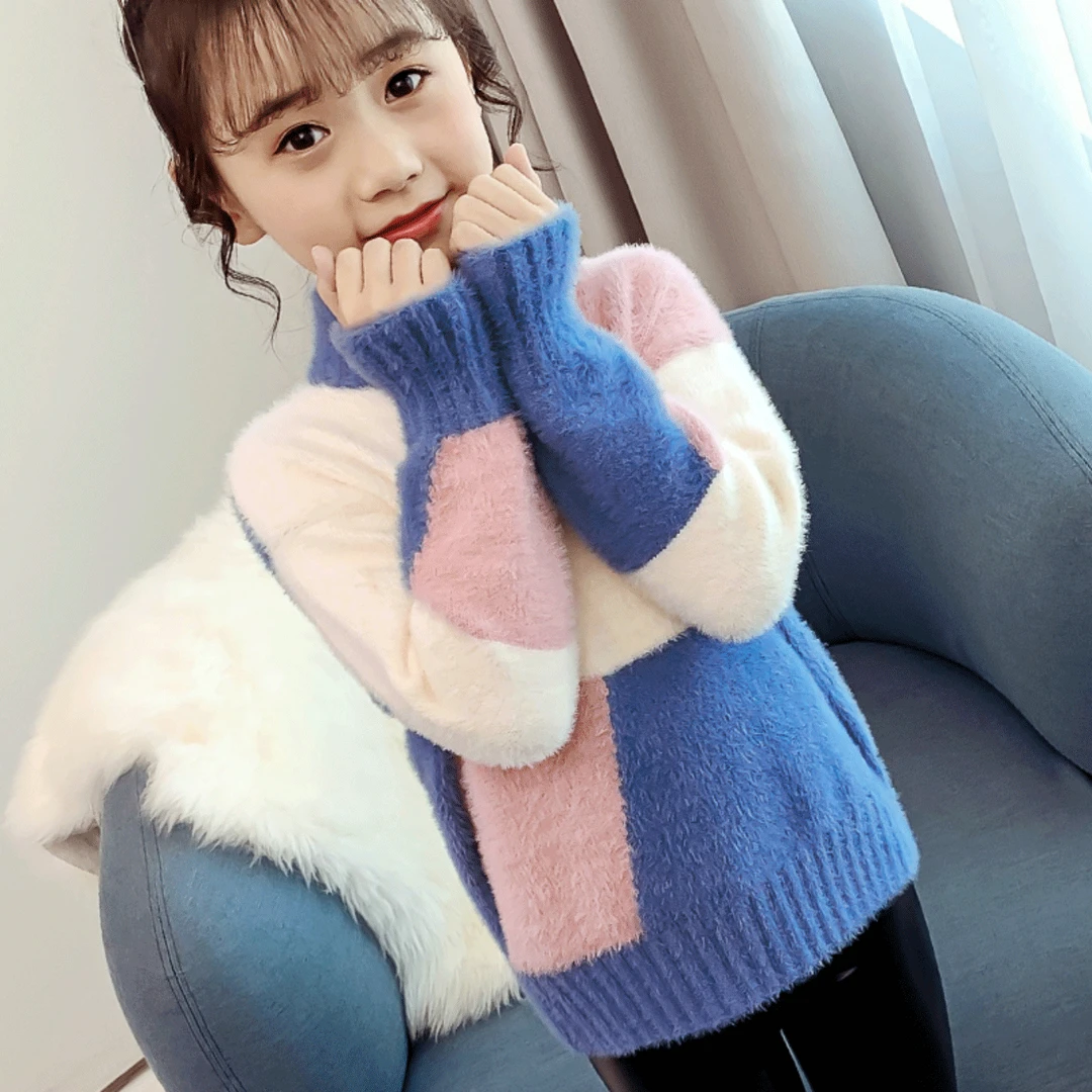 女童套头毛衣2023新款洋气秋冬季加绒半高领小女孩打底衫潮
