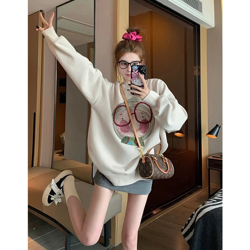 美式复古圆领卫衣女2024新款秋季薄款套头慵懒风高级感超好看上衣