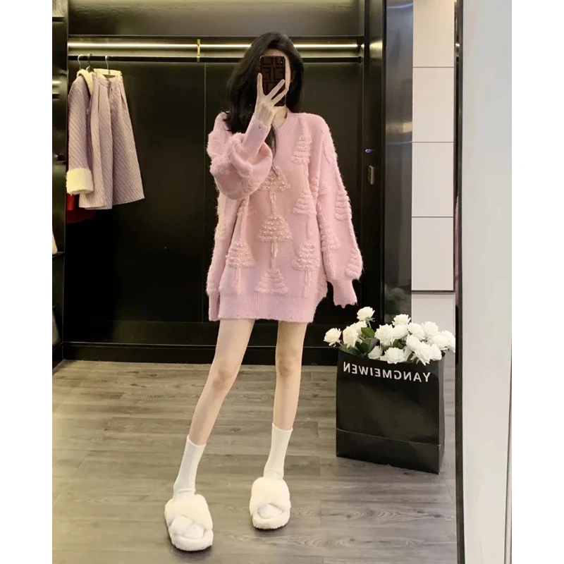 网红粉色慵懒风毛衣女秋冬时尚宽松中长款甜美长袖韩版减龄针织衫