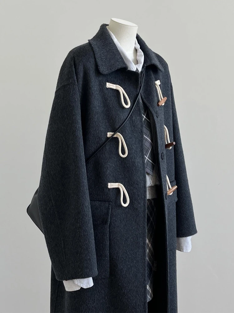 高克重牛角扣呢子大衣女秋冬2024新款灰色毛呢外套高级感韩系气质