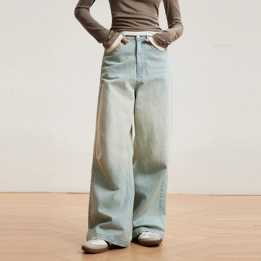 复古做旧水洗直筒牛仔裤百搭阔腿休闲长裤