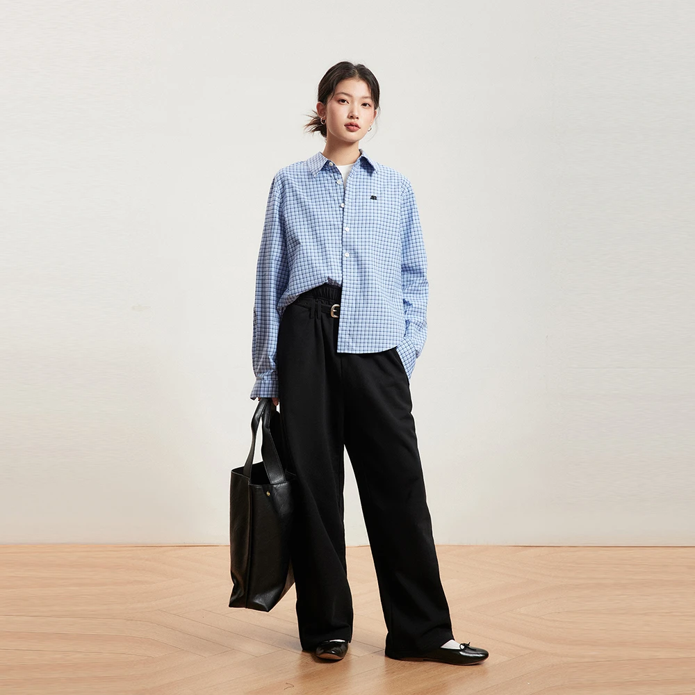 INRM复古廓形蓝色格纹衬衫学院风百搭休闲衬衣外套女