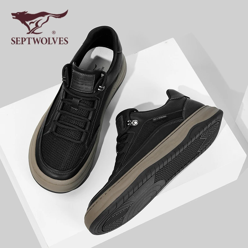 七匹狼男鞋低帮板鞋2025春夏新款黑色薄款镂空透气休闲鞋男网面鞋