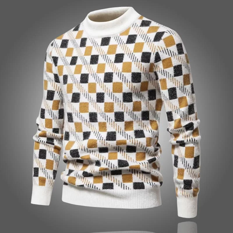 高档新款秋男士撞色方块格子高品质圆领套头毛衣潮流休闲保暖针织