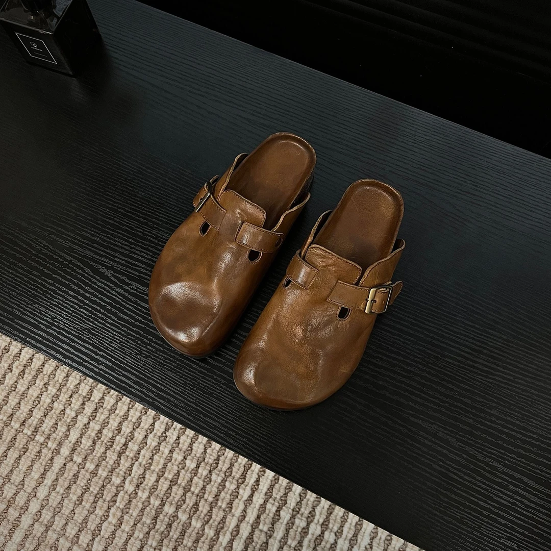 手工水洗马皮勃肯鞋复古时尚百搭软木平底包头软底懒人拖鞋皮拖鞋