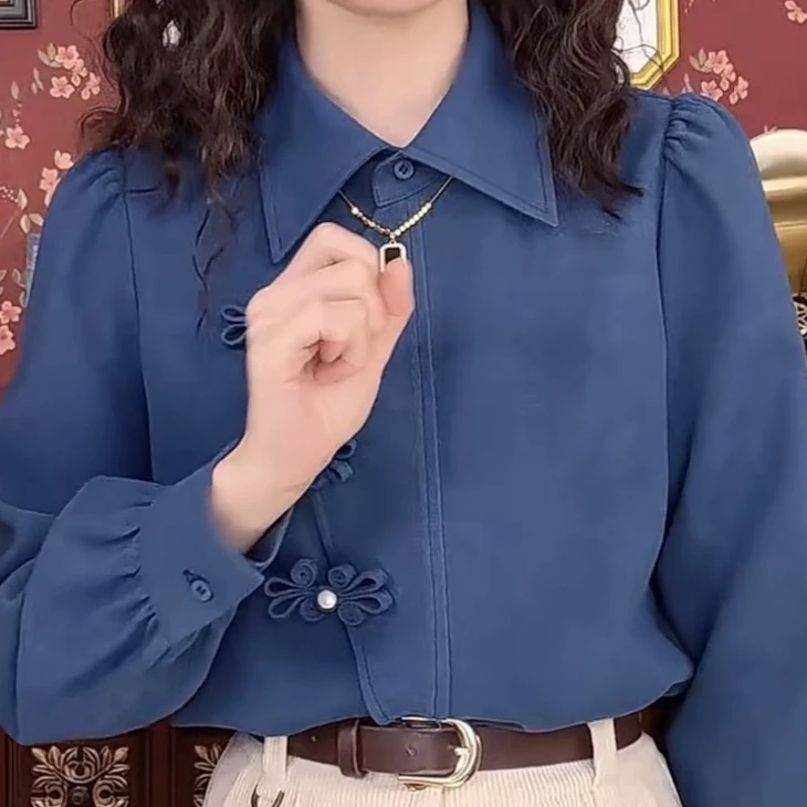 三年店庆新中式女装盘扣设计感长袖衬衣秋冬新款加厚上衣