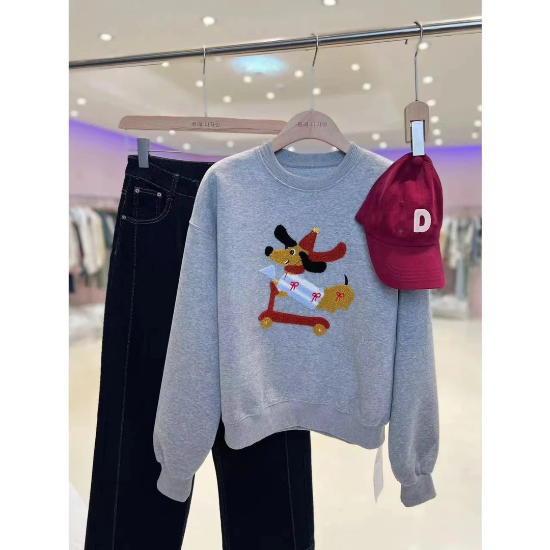 B韩国原单X【滑板小鹿】东大门韩版休闲套头显瘦毛巾绣卫衣9336现