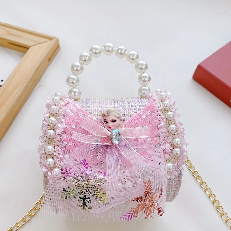 网红女童新款艾莎公主蕾丝花边亮片珠手提包斜挎包穿搭装饰包包