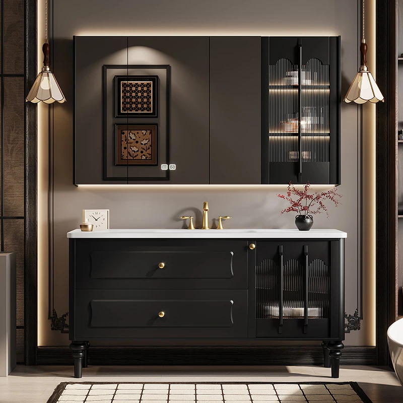 法式中古风落地浴室柜高端奢石橡胶木烤漆适卫生间洗漱台FC022