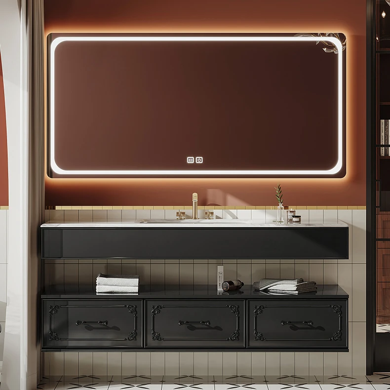 赛纳森经典法式分层橡胶木烤漆浴室柜奢石台下陶瓷盆中古风FC006