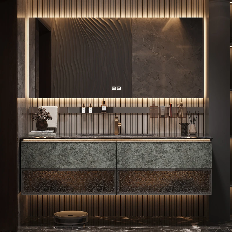 亿旋高奢印花浴室柜多层实木九层全桉木免漆奢石台下陶瓷盆HS013