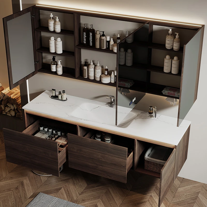 亿旋原木风简约多层实木免漆浴室柜岩板热弯一体盆RW004耐磨