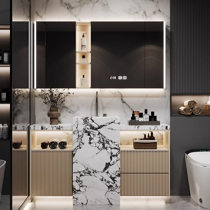 亿旋卫生间洗漱台洗手池，岩板烤漆浴室柜QY058可定制联系客服