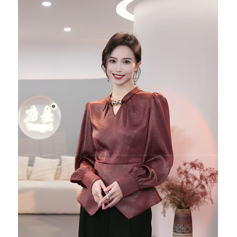 唐熹现货2024早秋新款【LT24-Q539】减龄时尚气质红金色长袖衬衫女