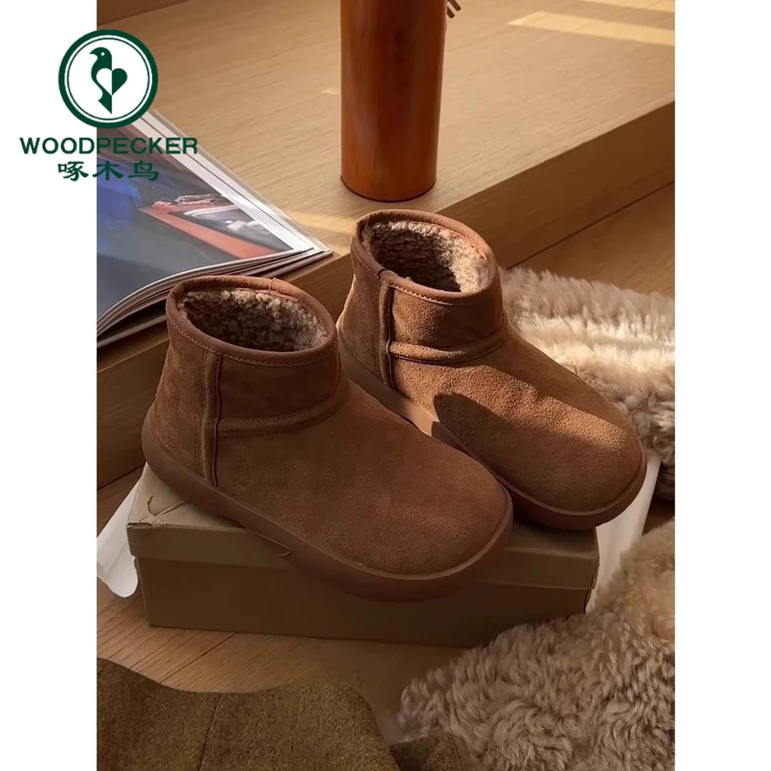 啄木鸟短筒雪地靴女2024年新款冬季女鞋加绒加厚短靴丑萌防滑棉鞋