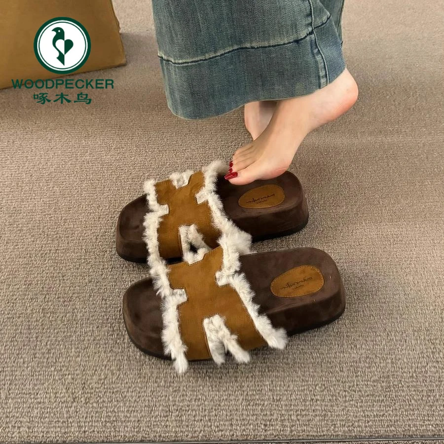 啄木鸟复古韩版女鞋2024年秋冬新款厚底增高百搭露趾时尚毛毛拖鞋
