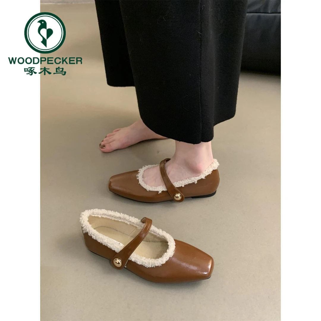 啄木鸟法式复古方头浅口单鞋女冬2024年新款韩版平底加绒玛丽珍鞋
