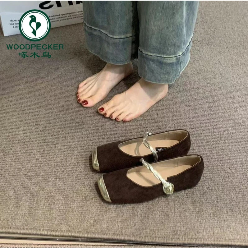 啄木鸟法式玛丽珍鞋女2024新款夏季平底方头豆豆鞋晚晚风芭蕾单鞋