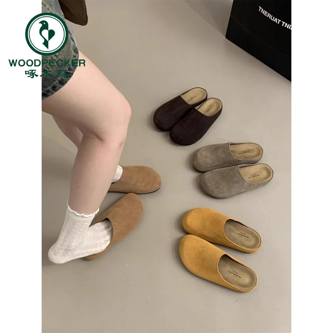 啄木鸟复古厚底包头半拖鞋女外穿2024秋新款一脚蹬勃肯鞋懒人拖鞋