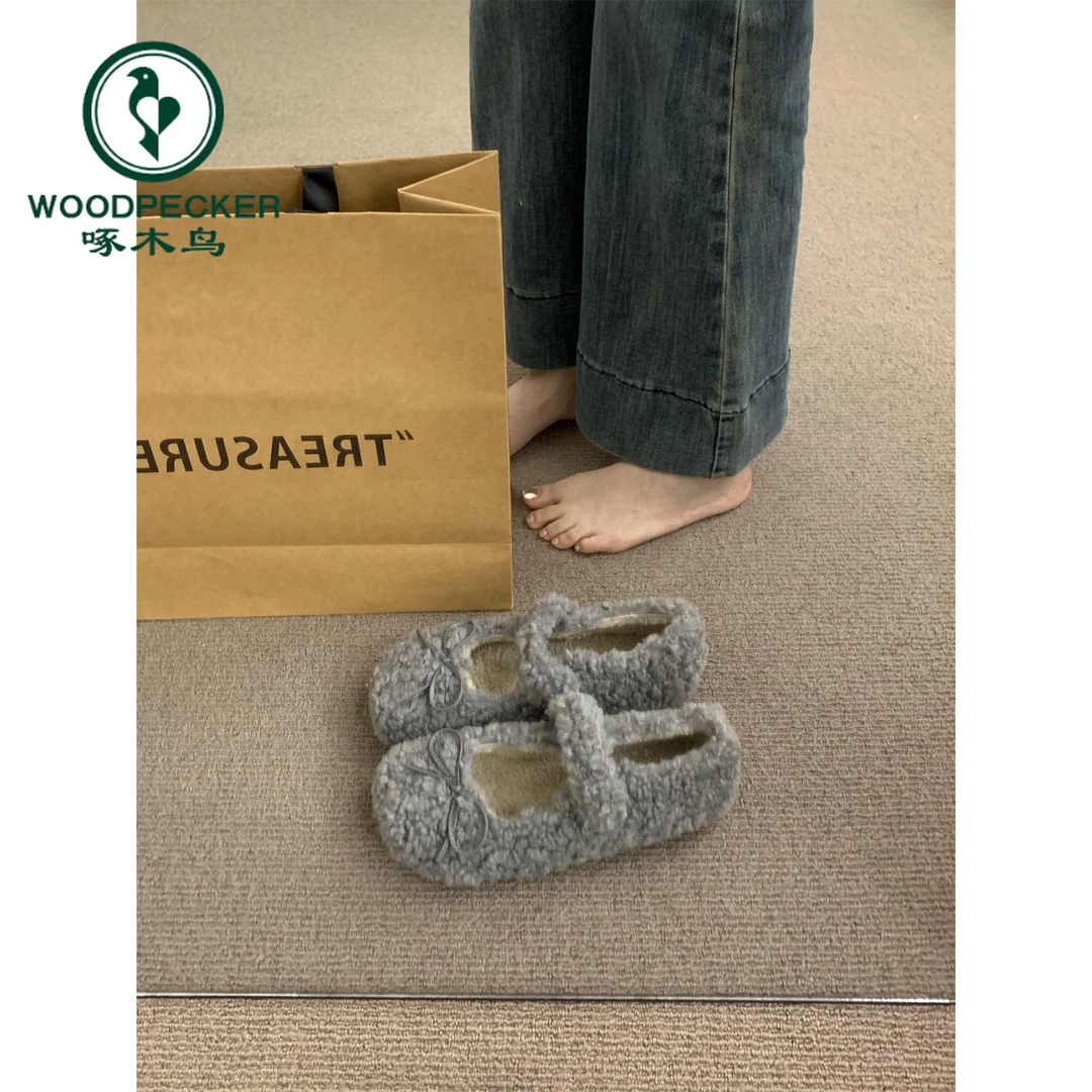 啄木鸟法式仙女毛毛鞋女冬季外穿2024年新款甜美百搭浅口玛丽珍鞋