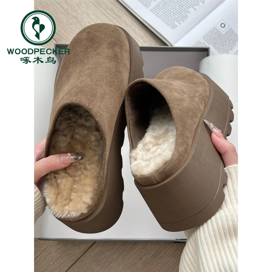 啄木鸟小个子厚底增高加绒勃肯半拖鞋女2024年冬外穿包头毛毛拖鞋