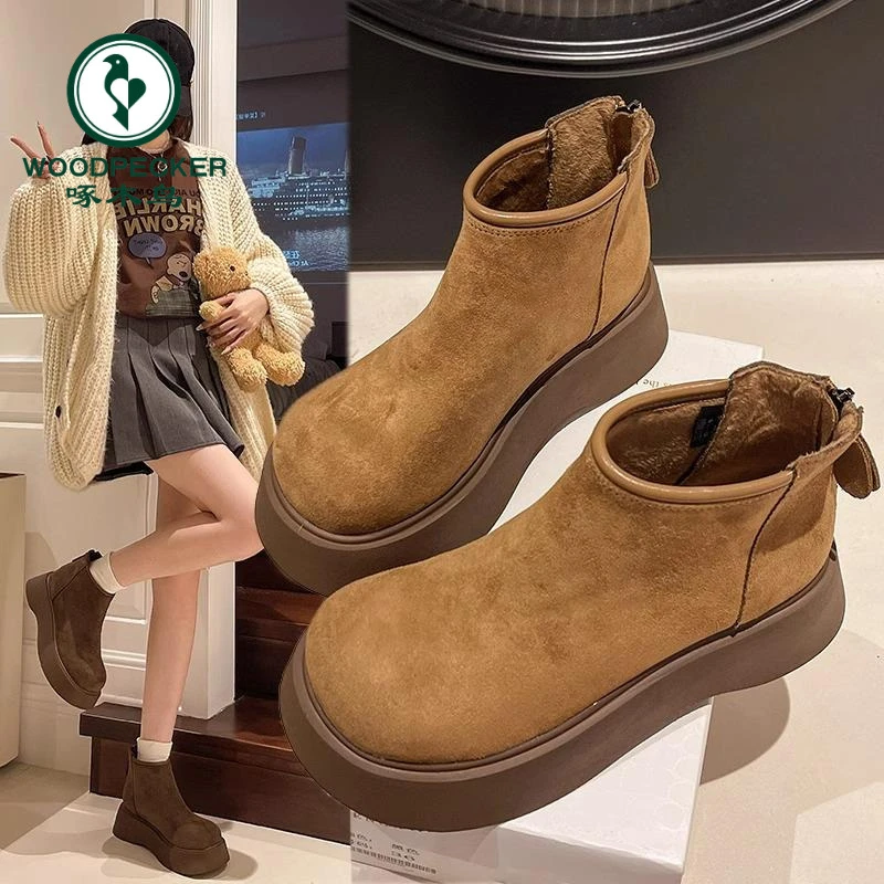 啄木鸟厚底雪地靴女款2024新款冬季加绒保暖增高勃肯鞋马丁靴短靴