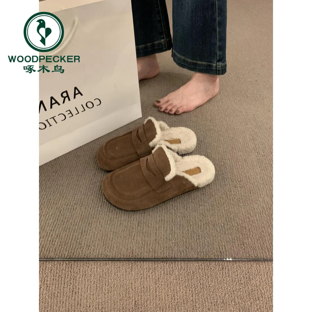 啄木鸟复古森系一脚蹬包头半拖鞋女外穿2024冬新款加绒厚底勃肯鞋