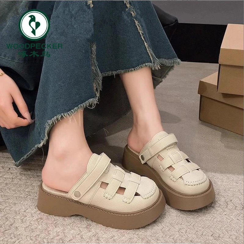 啄木鸟厚底凉鞋女包头拖鞋2024年夏季新款松糕半拖增高透气罗马鞋