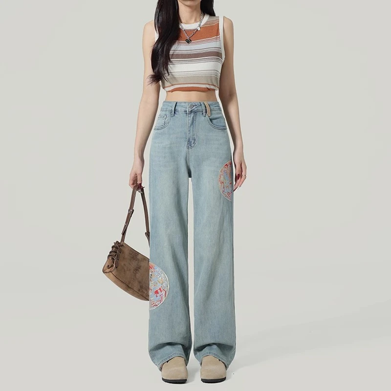 胖MM大码新中式国风刺绣牛仔裤女夏设计感小众高腰显瘦阔腿拖地裤