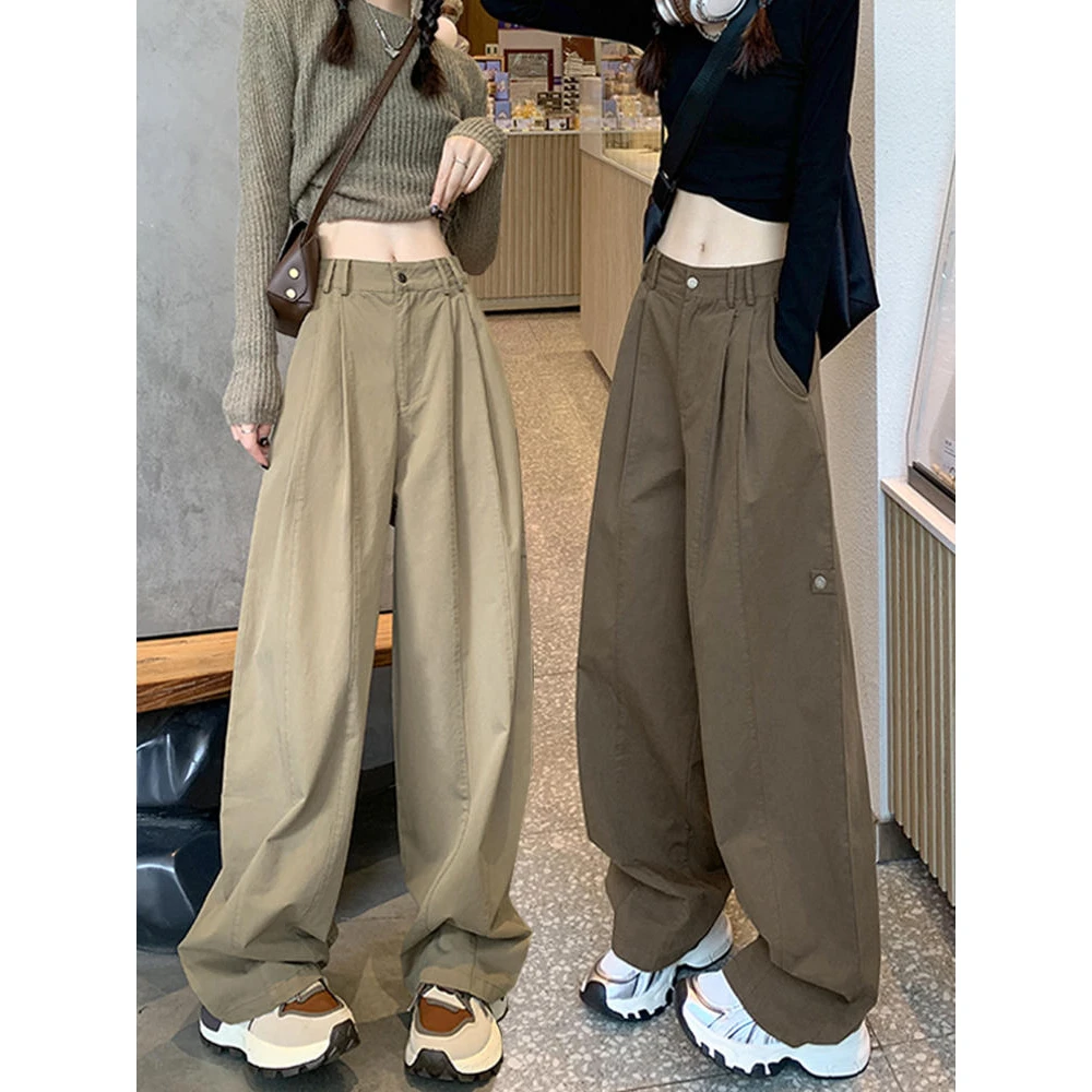 卡其色美式工装裤子女款春秋季2025年新款高腰宽松休闲运动阔腿裤