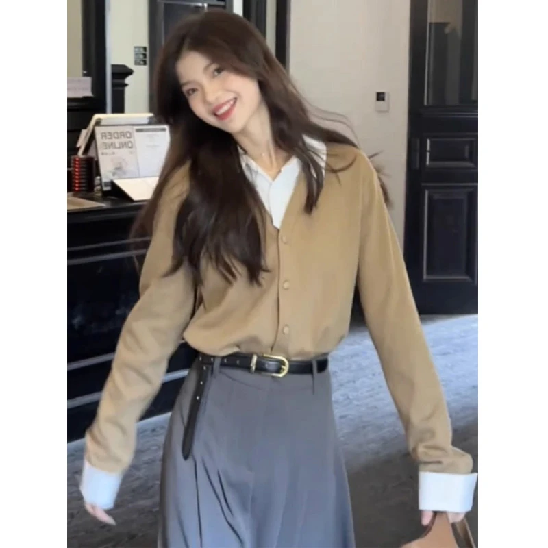 法式polo领拼接假两件上衣女装早春秋季2025新款毛衣针织开衫外套