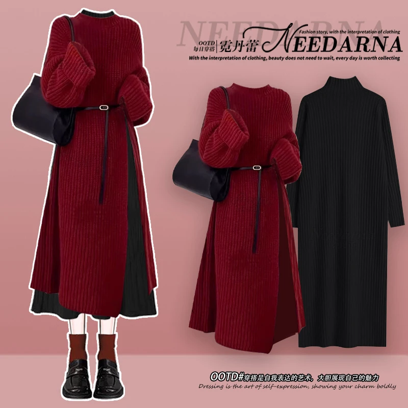 2025秋冬季穿搭一整套时尚新款高级感红色毛衣搭配连衣裙两件套女