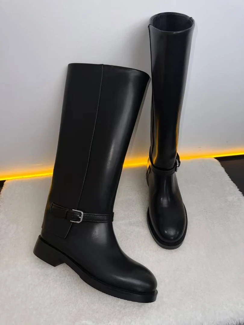 4CM/真皮圆头长筒瘦瘦靴一脚蹬时尚百搭高筒靴牛皮骑士靴女靴1023