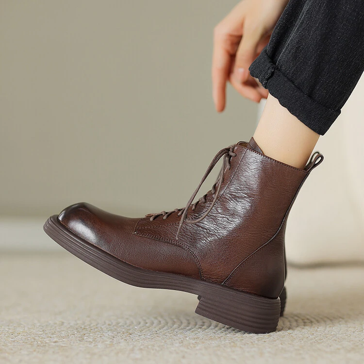 新款英伦风真皮牛皮圆头拉链低跟时尚百搭粗跟马丁靴短靴女鞋5651