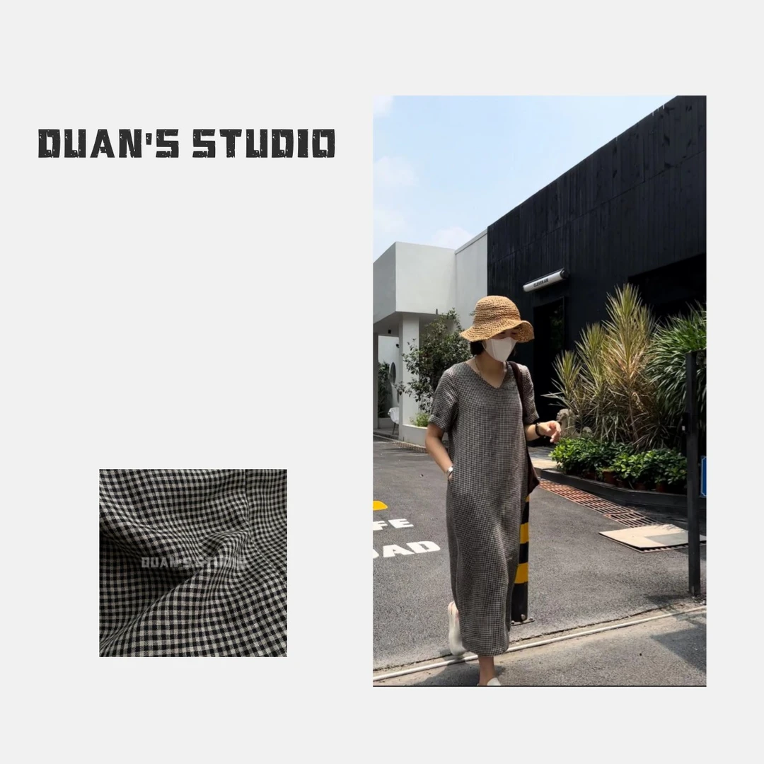 2024新品【DUAN'S】高黛丽气质宽松小格仔亚麻100时尚夏季连衣裙